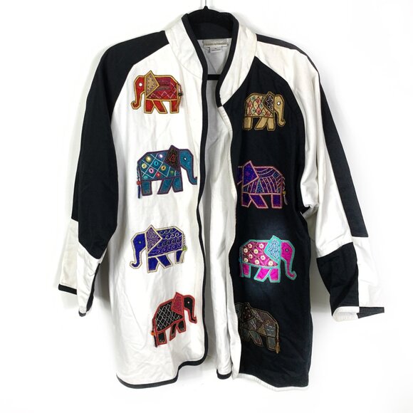 Vintage Drapers & Damons XL Elephant Embroidered Patch Tunic Jacket White Boho - Picture 1 of 10